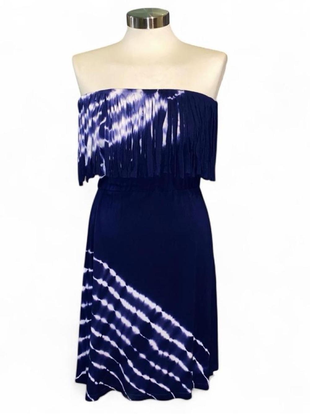 Ocean Drive Navy and White Strapless Tie-Dye Fringe Dress
